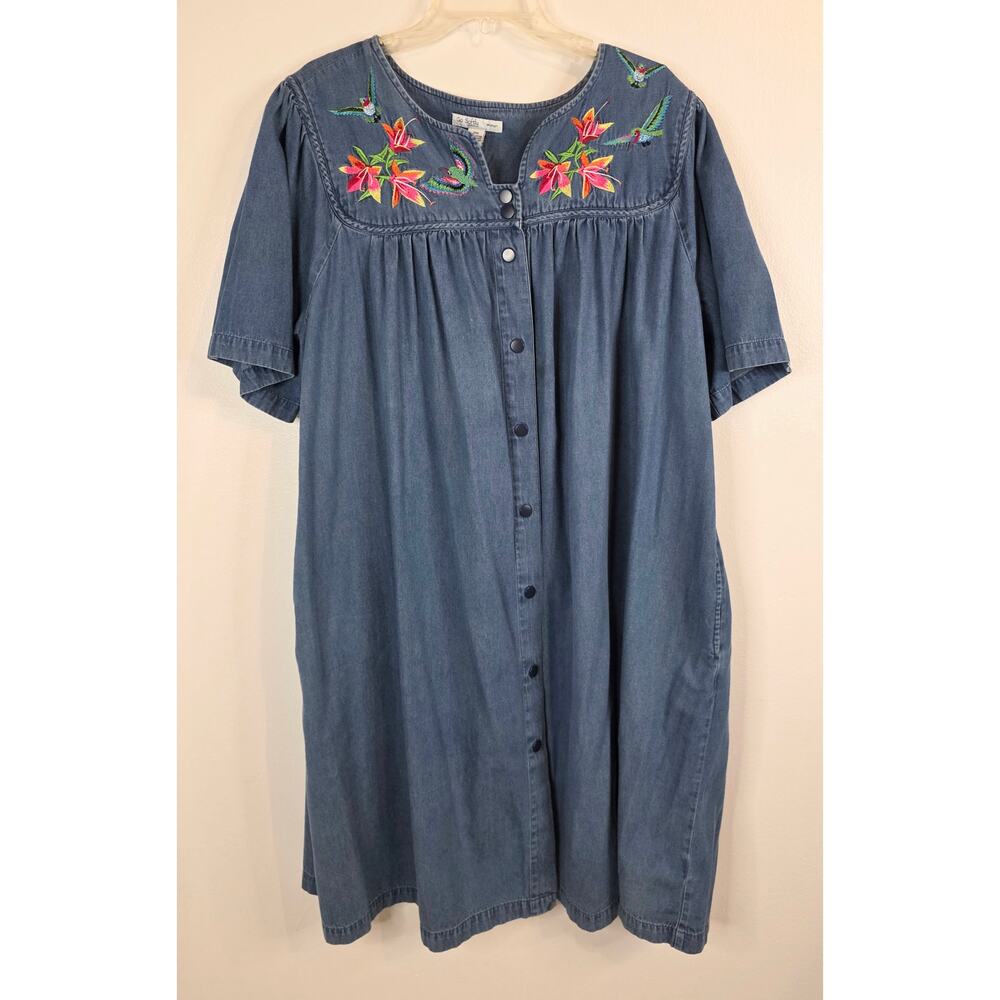 Go Softly Short Sleeve Embroidered Denim Patio Dress Houscoat Duster Size 2X